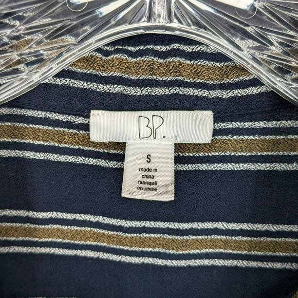 BP Nordstrom Button Front Blouse S Navy Mustard Striped Long Sleeve Patch Pocket - Picture 3 of 14